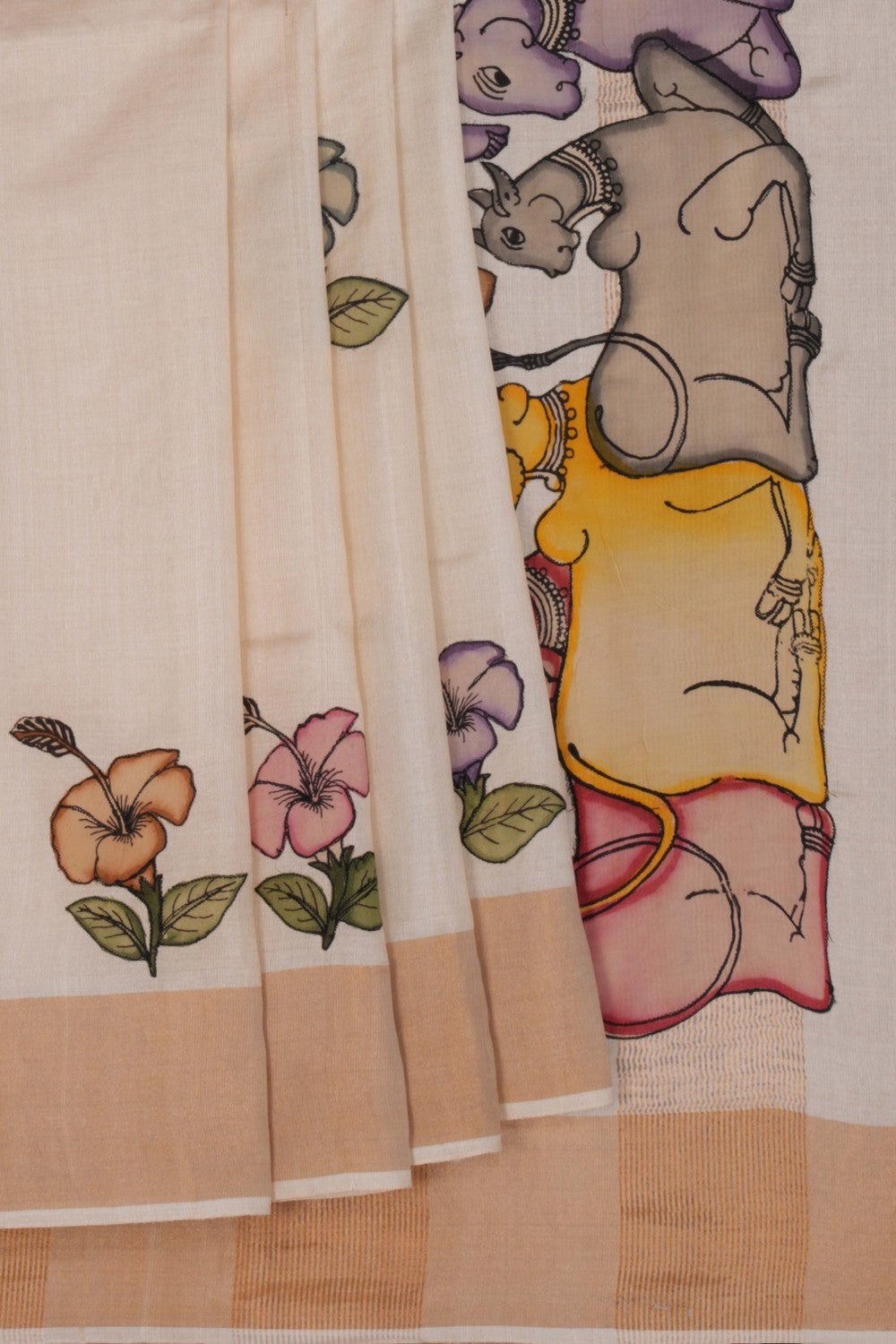 Image of Tussar Silk Appliqué Embroidery Saree